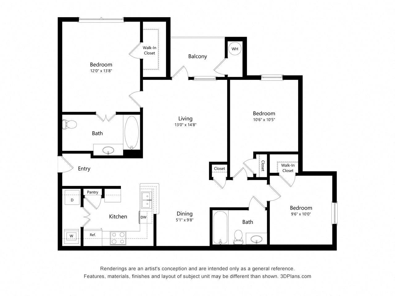 Floor plan for 3 beds, 2 baths, 1109 sqft